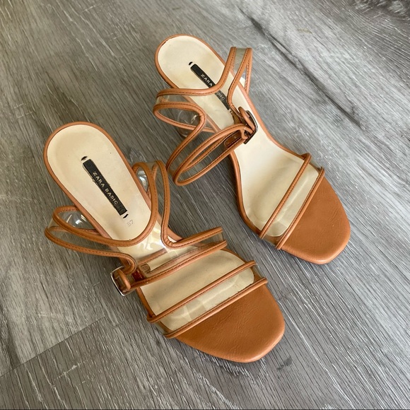 *SOLD* ZARA CLEAR VINYL TRANSPARENT STRAPPY HIGH HEELS with Tan Beige Trim - Picture 4 of 13